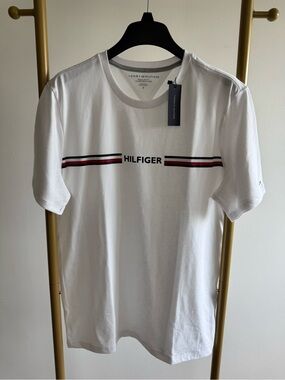 Tommy Hilfiger White Tee with Red & Navy Stripe and Chest Logo